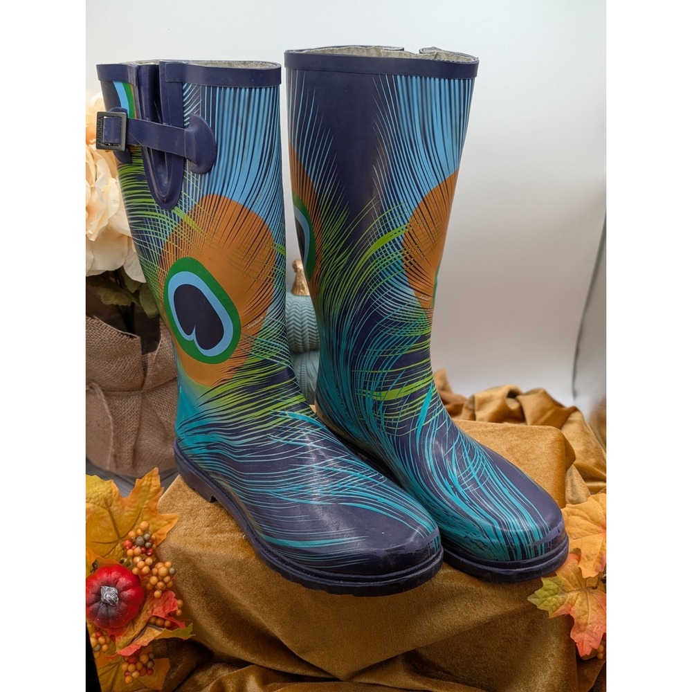 Chooka Signature Big Peacock Blue Tall Rain Boots Women's Size 9 Good Used Vtg
